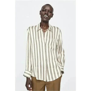 NWT Zara White Yellow Print Striped Long Sleeve Button-Down Shirt Size XS